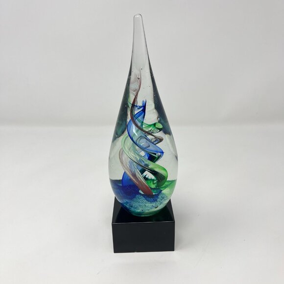 Art Glass Teardrop Award Trophy Paperweight With Attached Black Glass Base - Picture 5 of 7